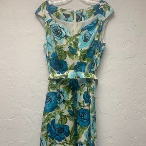 Talbots Petites Floral Silk Fit and Flare Midi Dress Lined Blue Green